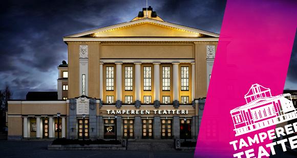 Tampereen Teatterin julkisivu pinkillä nauhalla