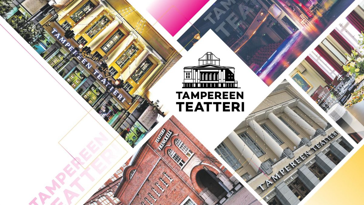Kuvakollaasi Tampereen Teatterin logolla ja kohteista, näyttämöstä ja noutopöydästä